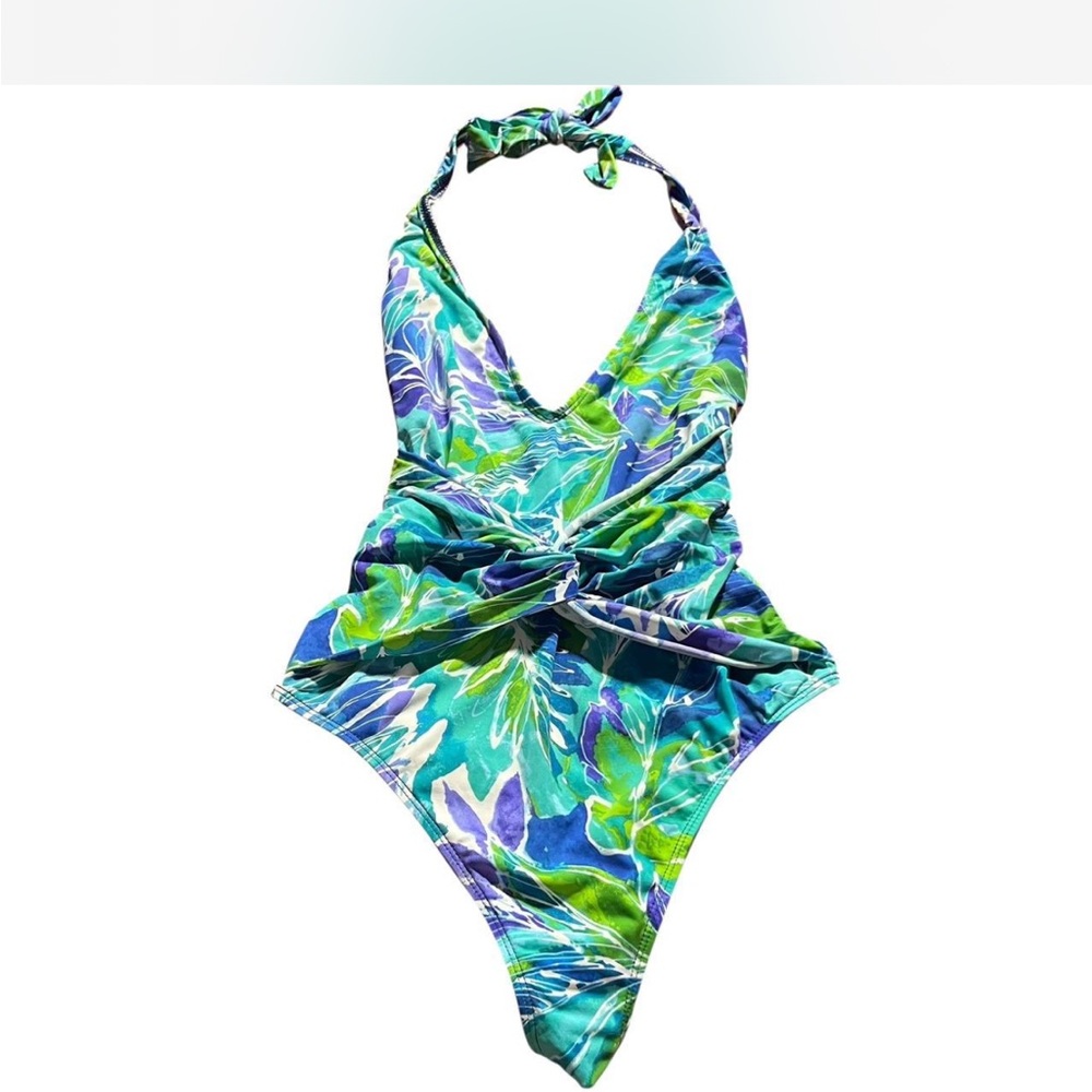 Ralph Lauren Green and Blue One Piece Swimsuit with Halter Neckline